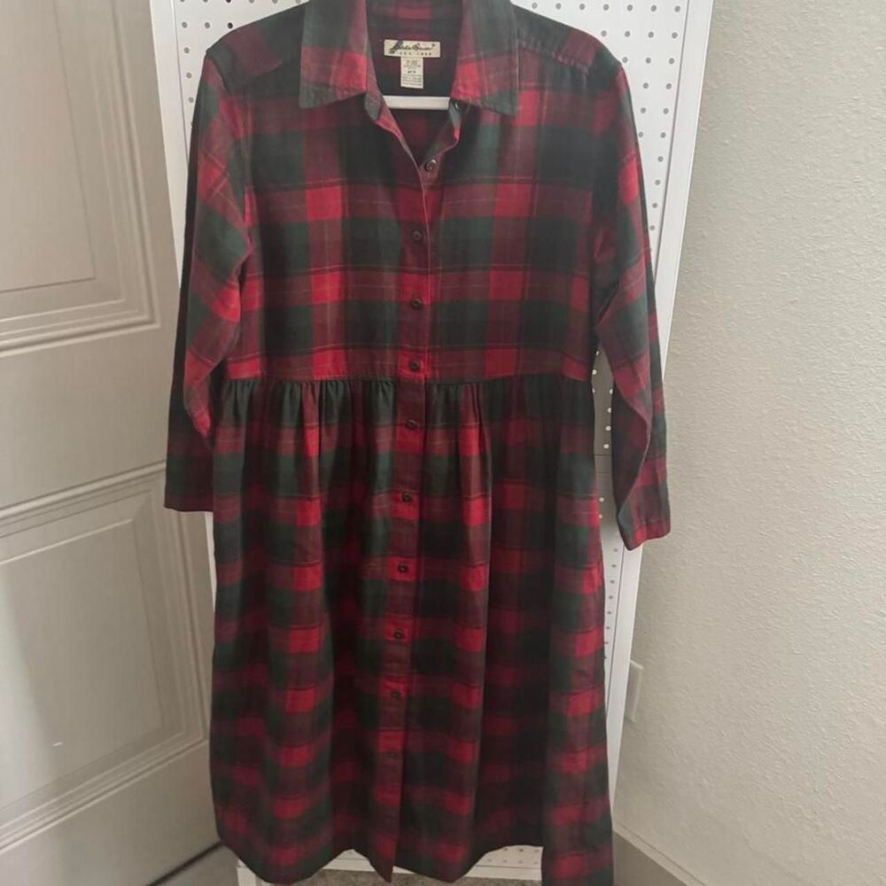 Vintage Eddie Bauer Plaid Flannel Shirt Dress Petite Medium Cottagecore